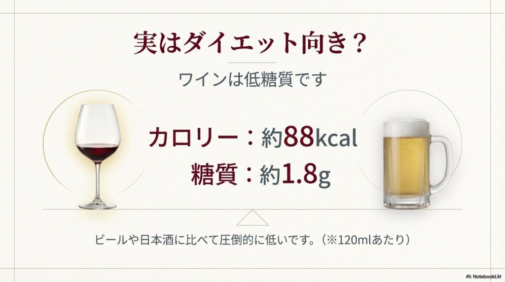 ワイン120mlあたりのカロリー（約88kcal）と糖質（約1.8g）が他のお酒より低いことを示すデータ。