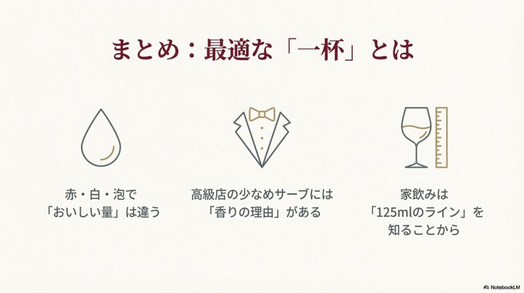 種類別の「おいしい量」や香りの理由を理解し、125mlを基準に自分を整える大切さを伝えるまとめ。