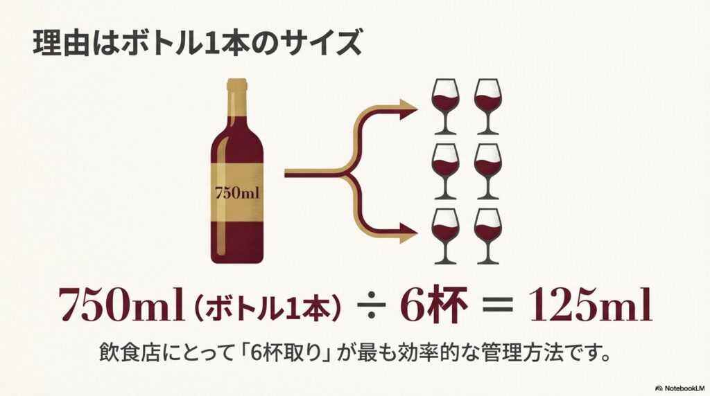 1本のワインボトル（750ml）から 6つのグラスに等分され、それぞれ 125mlになることを示す図解