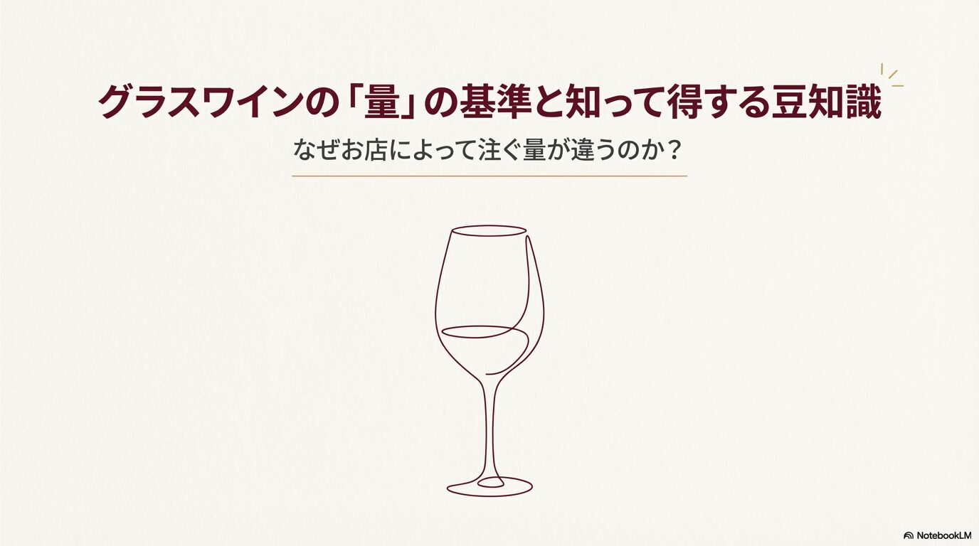 ワイングラスに注がれたワインのイラストと、「グラスワインの『量』の基準と知って得する豆知識」というタイトルのスライド