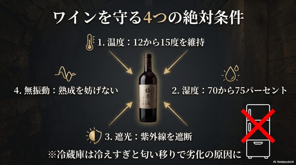 ワイン保管に必要な4つの条件(温度、湿度、遮光、無振動)と冷蔵庫での保管を推奨しない理由
