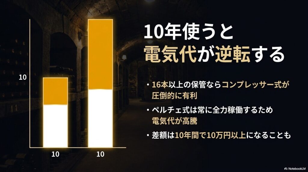 コンプレッサー式とペルチェ式のワインセラーを10年使った場合の電気代の逆転現象を示す比較グラフ
