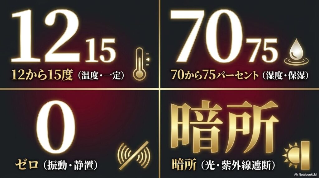 ワインの適切な保管条件である温度12度から15度、無振動、湿度70%から75%、暗所の4項目を示したアイコン
