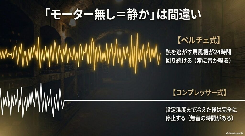 ペルチェ式はファンが回り音が鳴り続けるのに対し、コンプレッサー式は冷却後に無音になることの図解