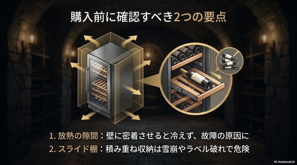 ワインセラー購入前に確認すべき放熱の隙間と安全なスライド棚の仕組み