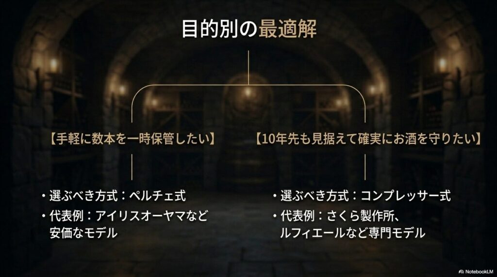 手軽な一時保管にはペルチェ式、10年先を見据えた確実な保管にはコンプレッサー式という目的別の最適解