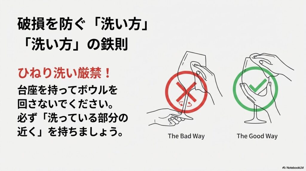 台座を持ってひねり洗いをせず、洗う部分の近くを持つ「良い洗い方」と「悪い洗い方」の比較図