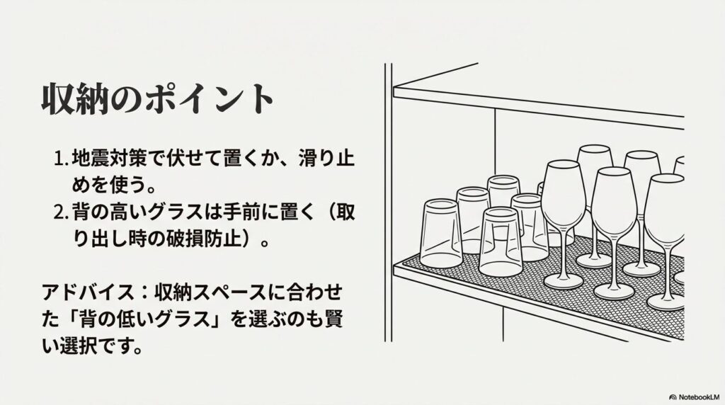 滑り止めシートの使用や、背の高いグラスを手前に置くなど破損を防ぐ収納術の図解