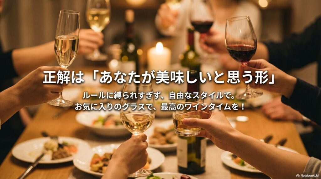 ルールに縛られず、自分に合ったグラスでワインを楽しむことを勧めるメッセージ