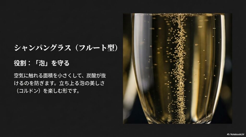 炭酸を守り、立ち上る泡(コルドン)を楽しむフルート型グラスの解説