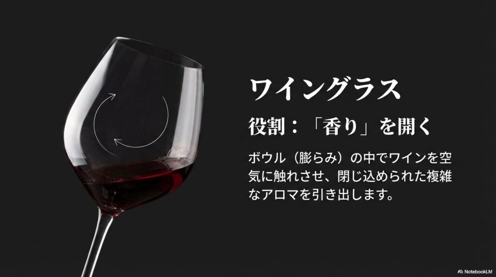 ボウルの中でワインを空気に触れさせ、アロマを引き出すワイングラスの解説