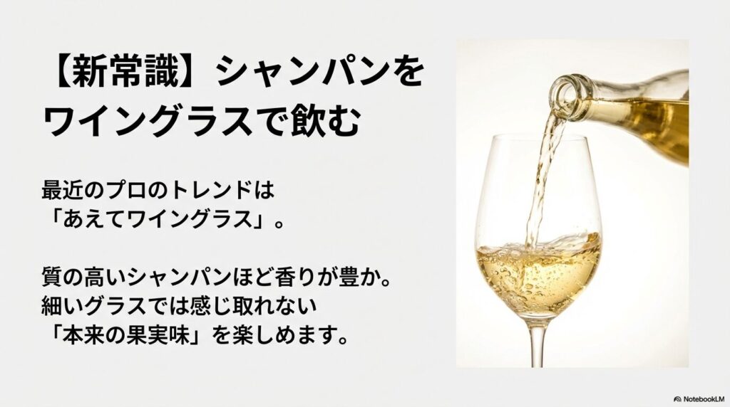 質の高いシャンパンをワイングラスに注ぎ、豊かな果実味を楽しむイメージ画像