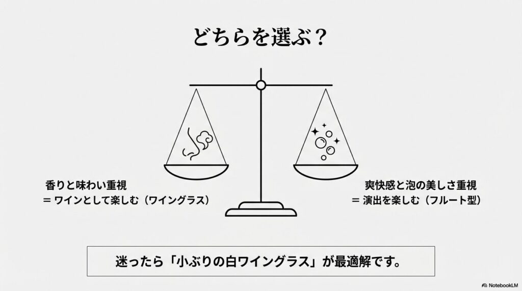 香り・味わい重視のワイングラスと、爽快感・泡重視のフルート型を比較した天秤の図解