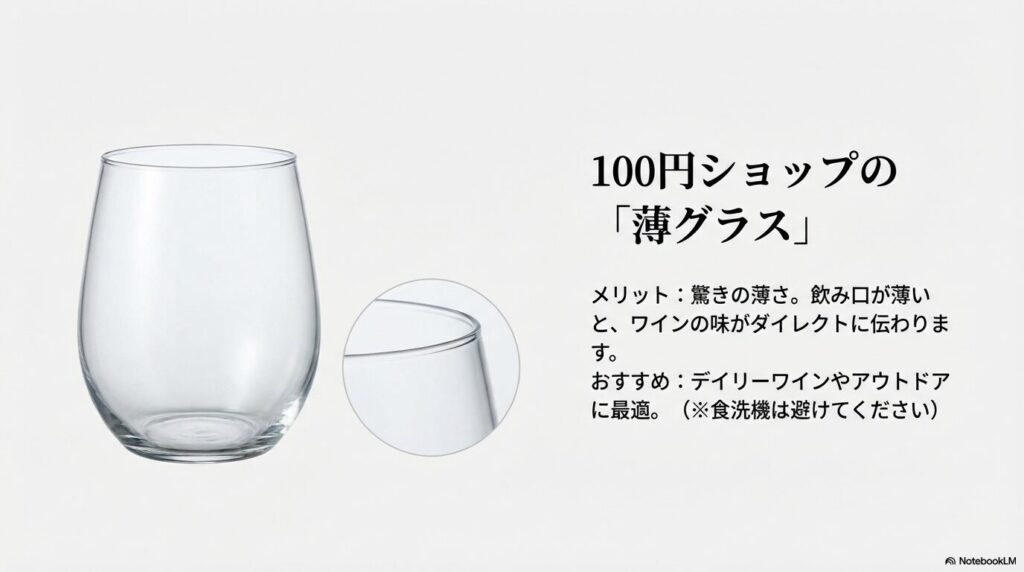飲み口が薄くダイレクトな味わいを楽しめる100均のデイリーワイン用グラスの紹介