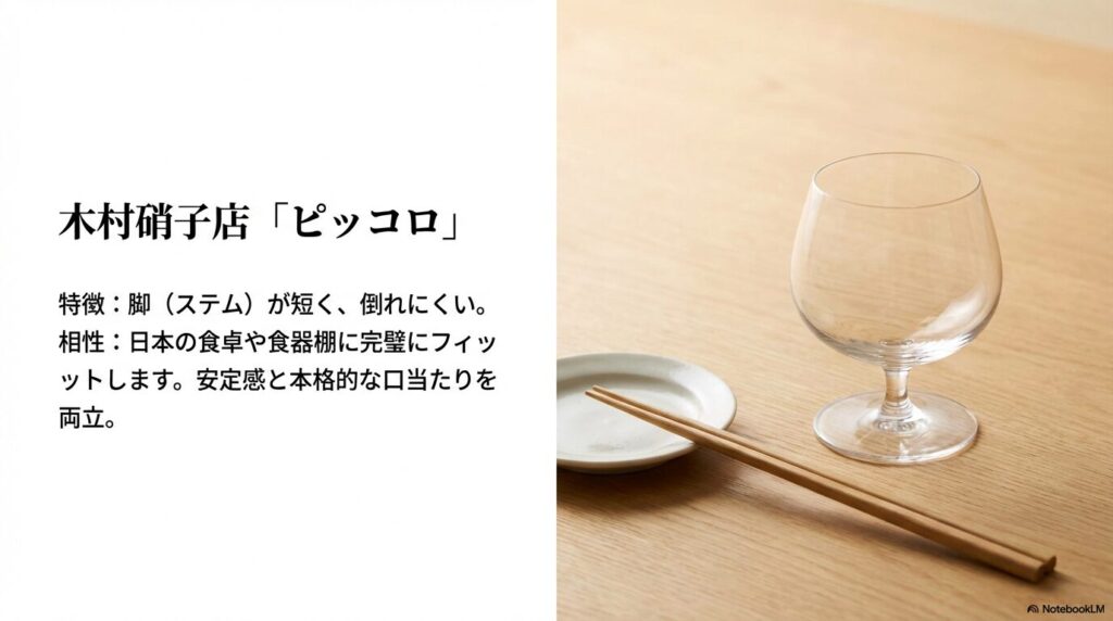 ステムが短く安定感があり、日本の食器棚にも収まりやすいピッコログラスの紹介