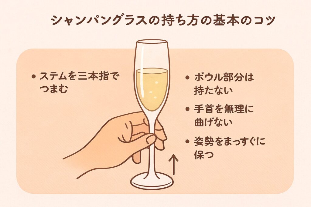 シャンパングラスの正しい持ち方を示す日本語の図解