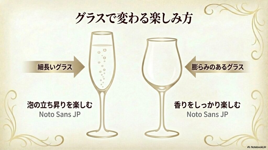 泡を楽しむ細長いフルートグラスと、香りを楽しむ膨らみのあるグラスの使い分け