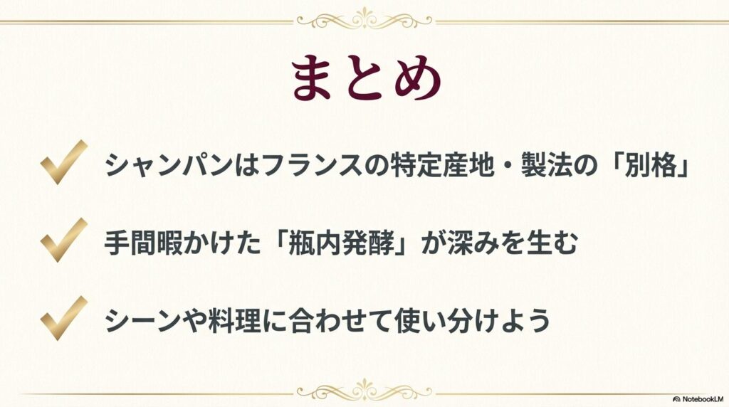 産地、製法、シーン別の使い分けポイントをまとめた総括スライド