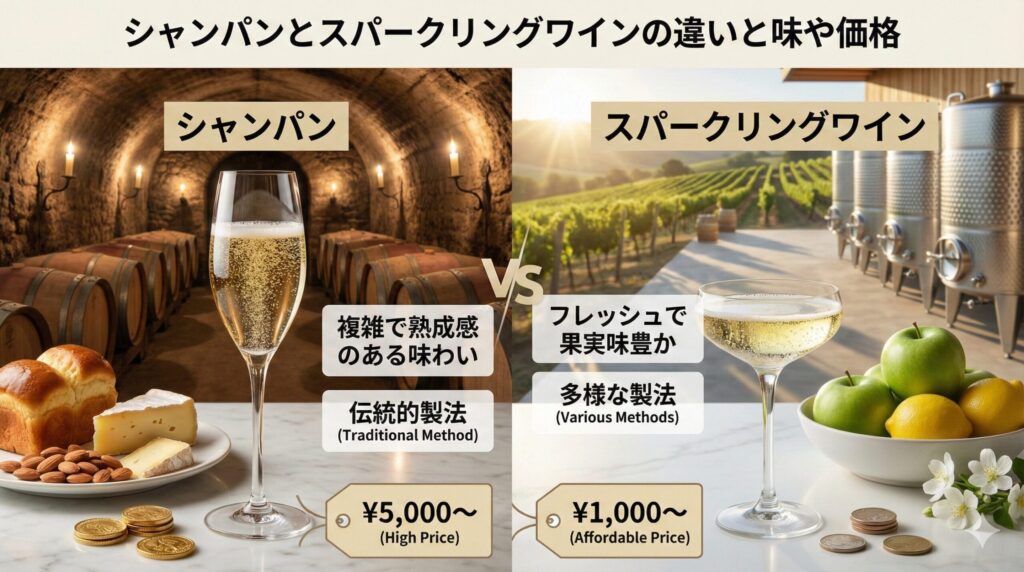 シャンパンとスパークリングワインの違いと味や価格