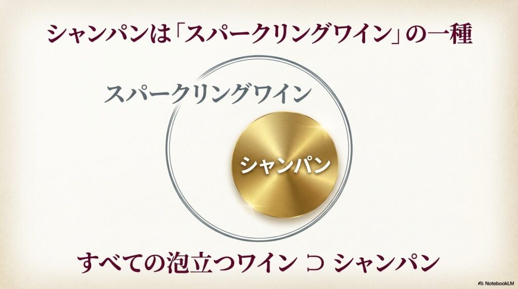 スパークリングワインという大きなカテゴリーの中にシャンパンが含まれていることを示す図解