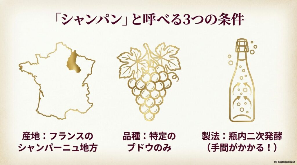 シャンパンの条件であるフランスの特定産地、特定のブドウ品種、瓶内二次発酵の3要素の解説図