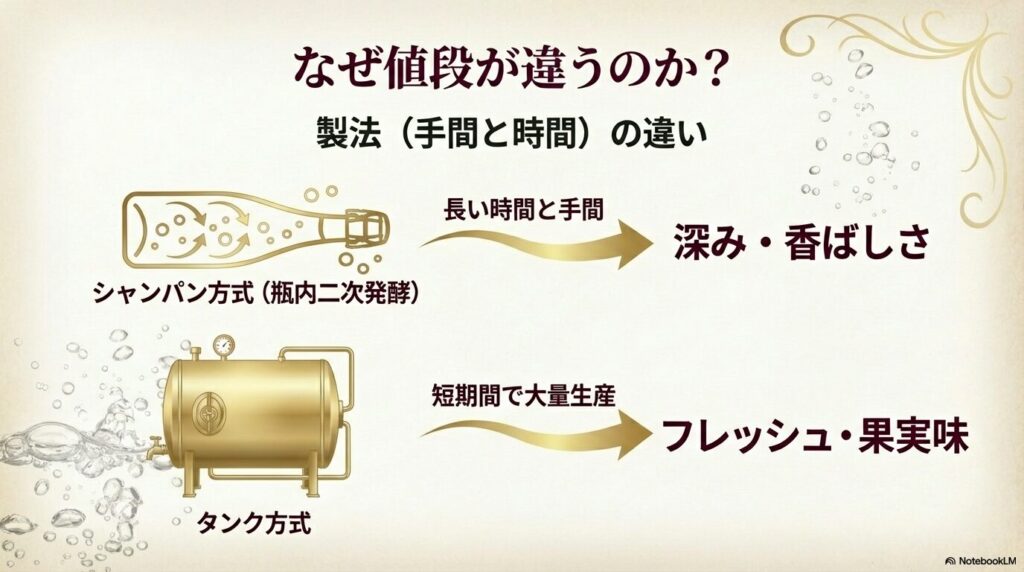 時間と手間がかかる瓶内二次発酵と、短期間で大量生産可能なタンク方式のメリット・デメリット比較