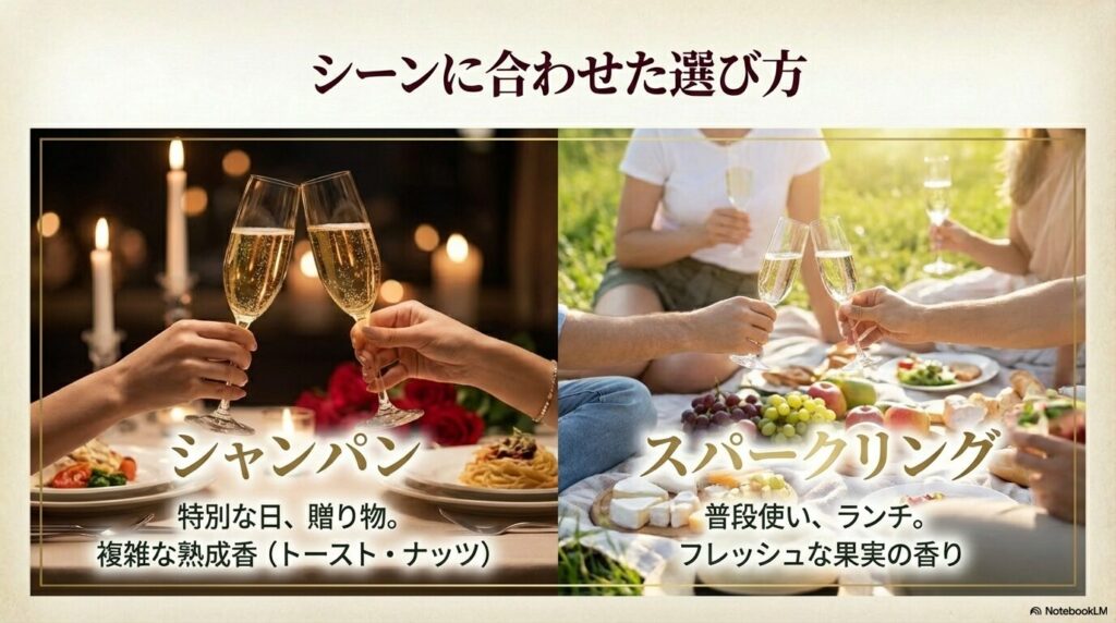 特別な日のシャンパン（熟成香）と普段使いのスパークリング（果実香）の選び方ガイド