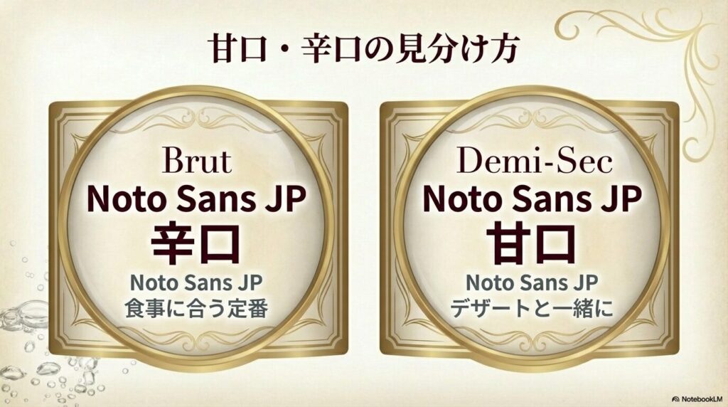辛口のBrut（ブリュット）と甘口のDemi-Sec（ドゥミ・セック）の味のイメージ解説