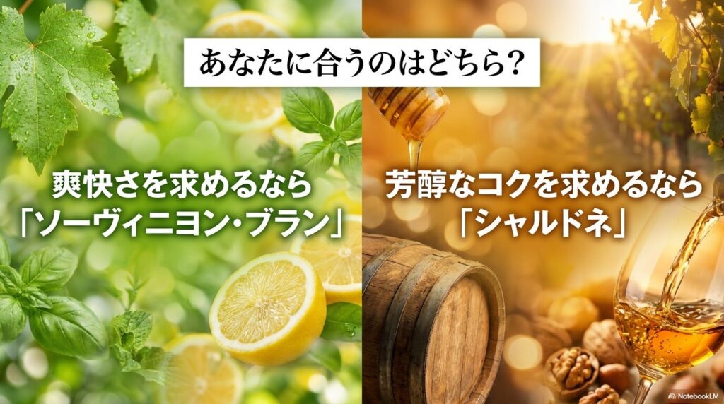 あなたに合うのはどちら?爽快さを求めるなら「ソーヴィニヨン・ブラン」、芳醇なコクを求めるなら「シャルドネ」