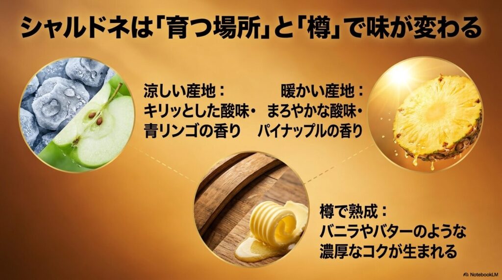 シャルドネの味わいは、涼しい産地・暖かい産地といった「育つ場所」と、熟成させる「樽」の有無で劇的に変わる