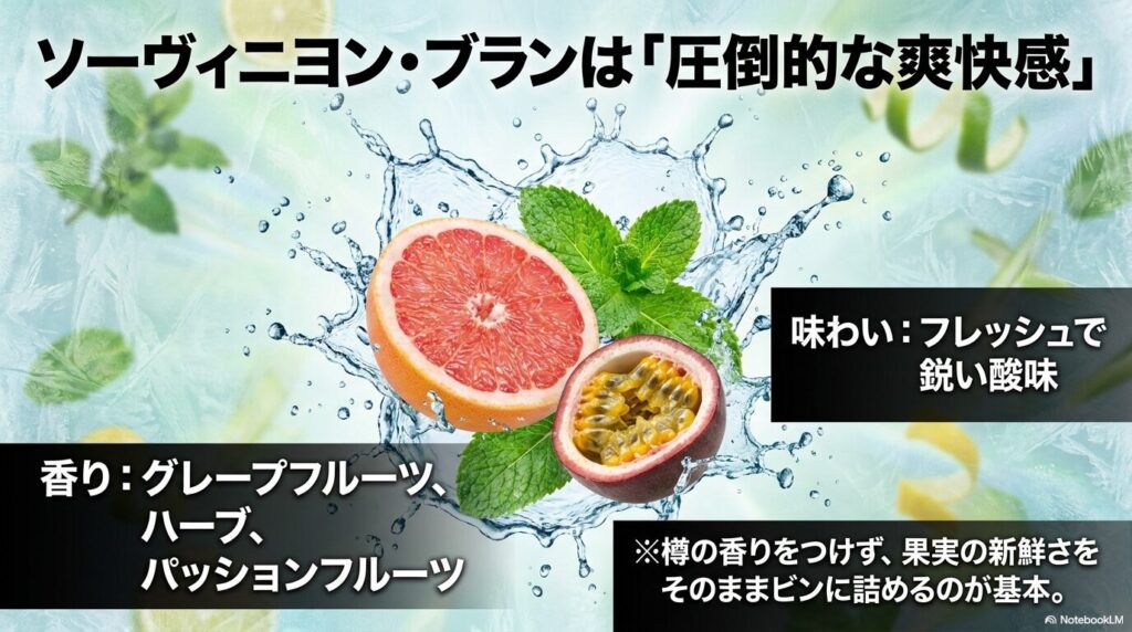圧倒的な爽快感と、フレッシュな酸味、グレープフルーツやハーブ、パッションフルーツの香りを持つソーヴィニヨン・ブランの特徴
