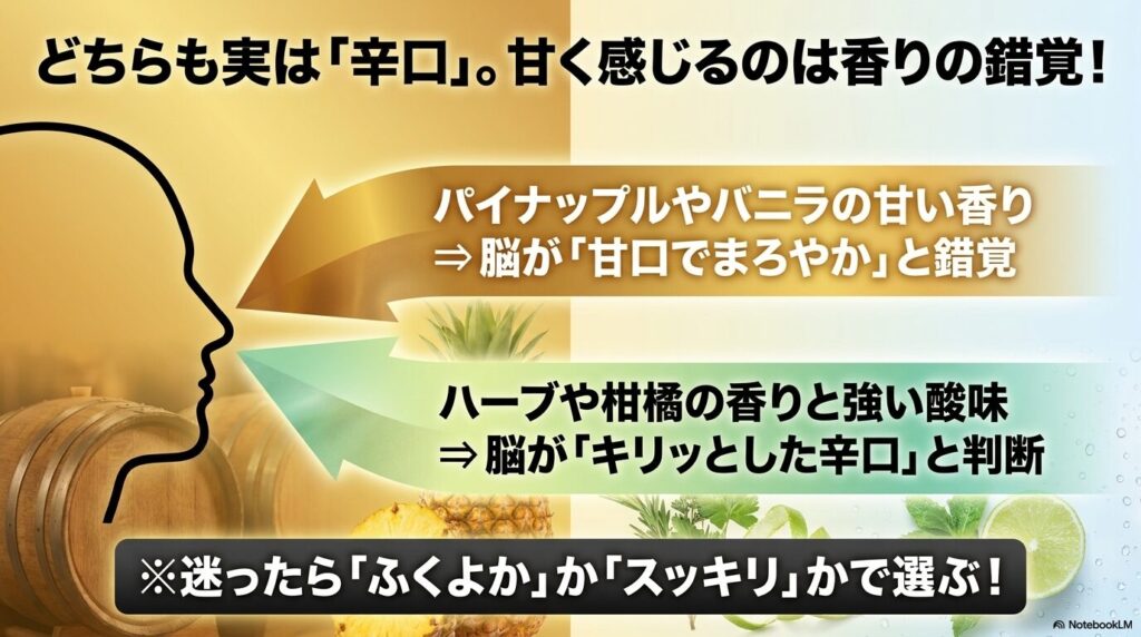 どちらも実は辛口。パイナップルなどの甘い香りは甘口と錯覚し、ハーブなどの香りは辛口と判断する脳のメカニズム