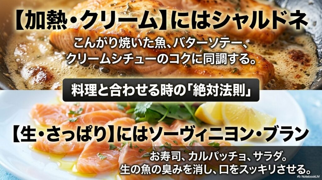 白ワインと料理を合わせる絶対法則。加熱・クリーム系の料理にはシャルドネ、生・さっぱり系の料理にはソーヴィニヨン・ブランが合う