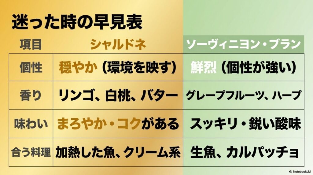 シャルドネとソーヴィニヨン・ブランの個性、香り、味わい、合う料理を比較した迷った時の早見表