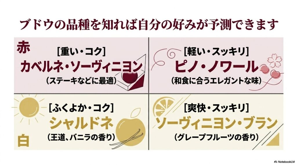 カベルネ・ソーヴィニヨンやシャルドネなどブドウ品種別の味わい