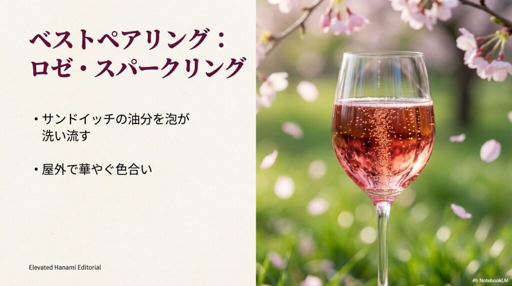 サンドイッチの油分を洗い流し、屋外で華やぐロゼ・スパークリングの魅力