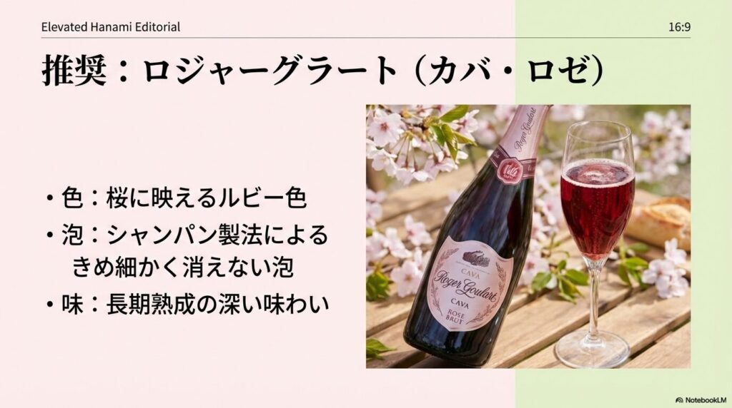 桜に映えるルビー色ときめ細かな泡が特徴のスペイン産スパークリングワイン