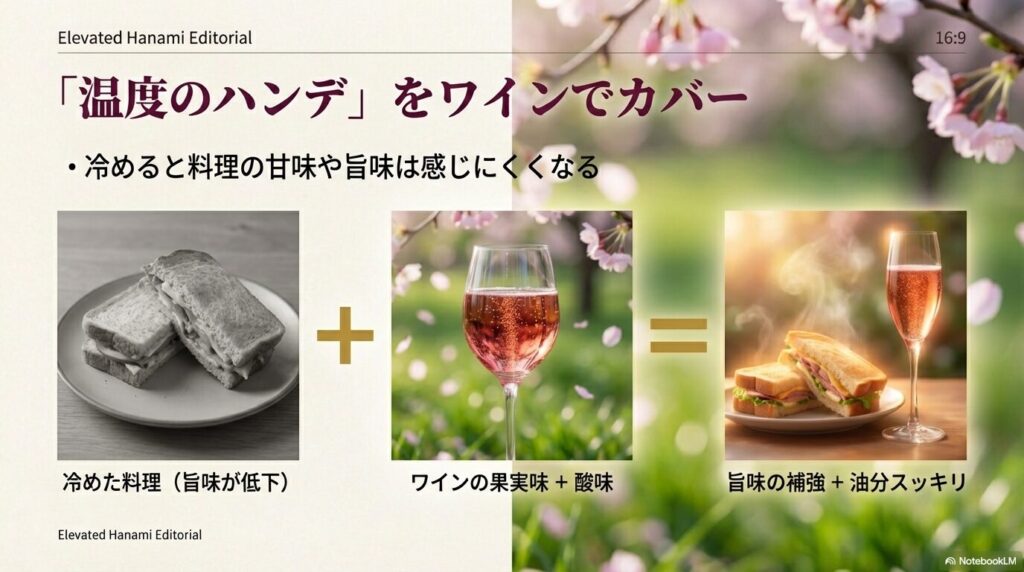 冷めた料理の低下した旨味をワインの果実味と酸味で補うペアリングの仕組み
