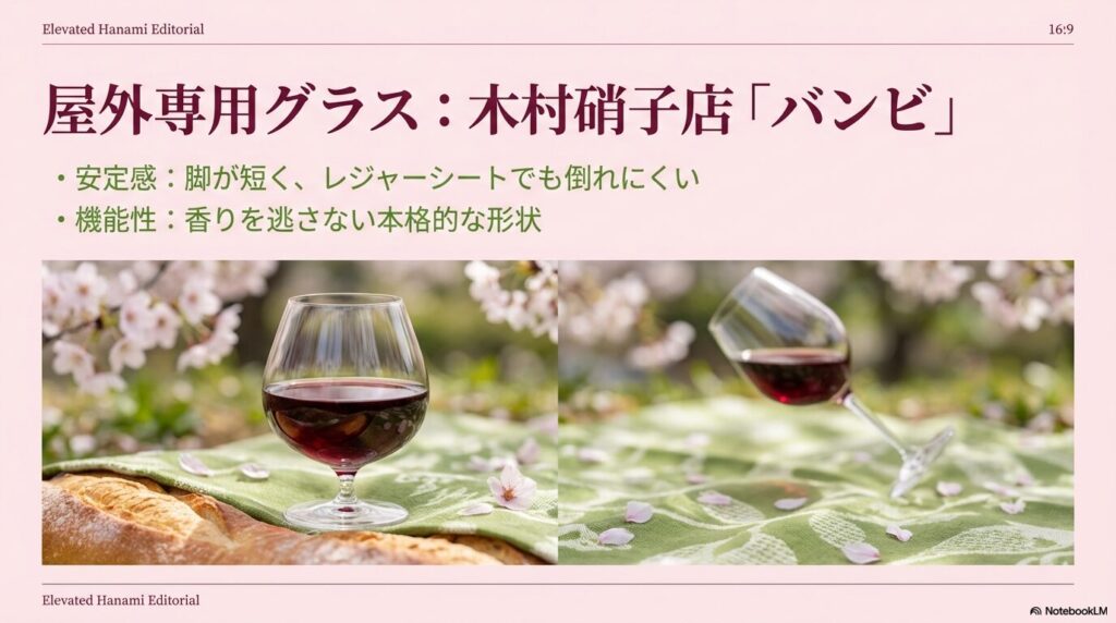 脚が短く安定感があり、レジャーシートでも倒れにくい本格形状のワイングラス