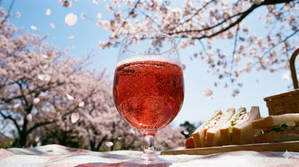 桜に映えるルビー色と、瓶内二次発酵の消えない泡