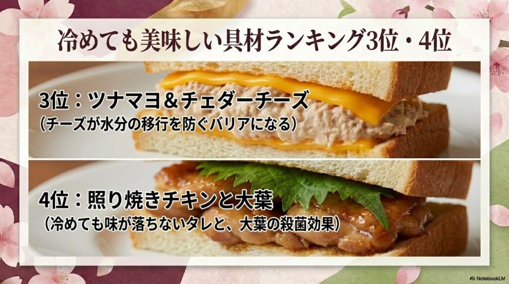 水分を防ぐツナマヨ&チェダーチーズと、殺菌効果のある大葉を使った照り焼きチキン