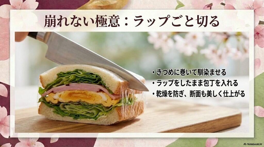 サンドイッチをきつめに巻いて馴染ませ、ラップをしたまま切ることで美しい断面を作る方法