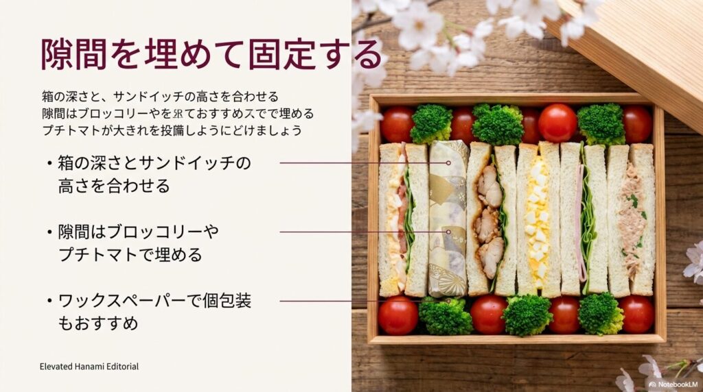 お弁当箱の隙間をブロッコリーやトマトで埋め、ワックスペーパーで個包装する方法