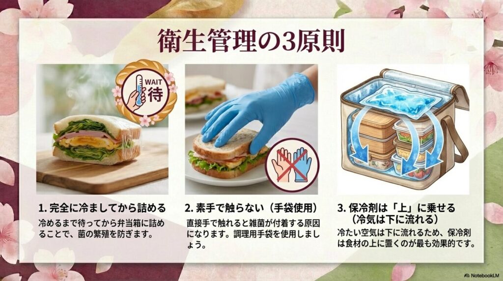 完全に冷ます、手袋を使用する、保冷剤を食材の上に乗せるという衛生管理の図解