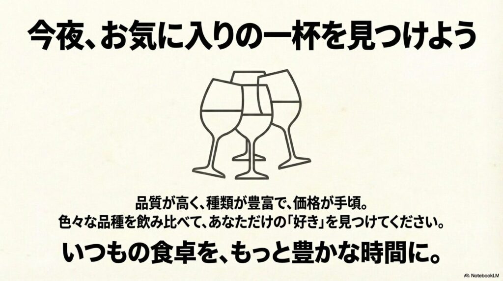 品質が高く種類が豊富で価格が手頃なワイン。色々な品種を飲み比べてお気に入りの一杯を見つけよう