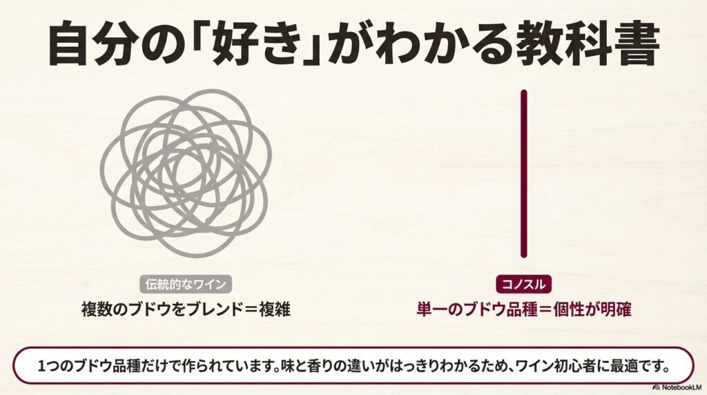 自分の好きがわかる教科書。コノスルは単一のブドウ品種で作られ味と香りの違いがはっきりわかる