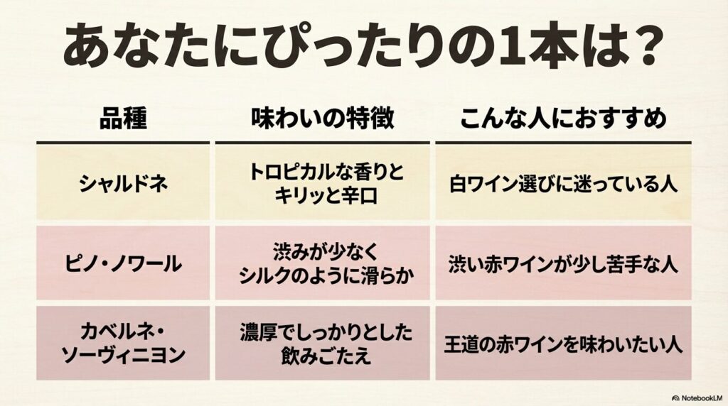 シャルドネ、ピノ・ノワール、カベルネ・ソーヴィニヨンの味わいの特徴とおすすめな人の比較表
