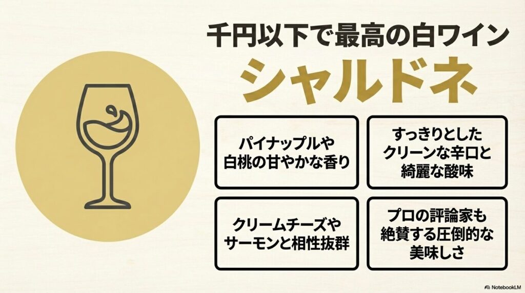 千円以下で最高の白ワインシャルドネ。パイナップルや白桃の甘やかな香りとクリーンな辛口