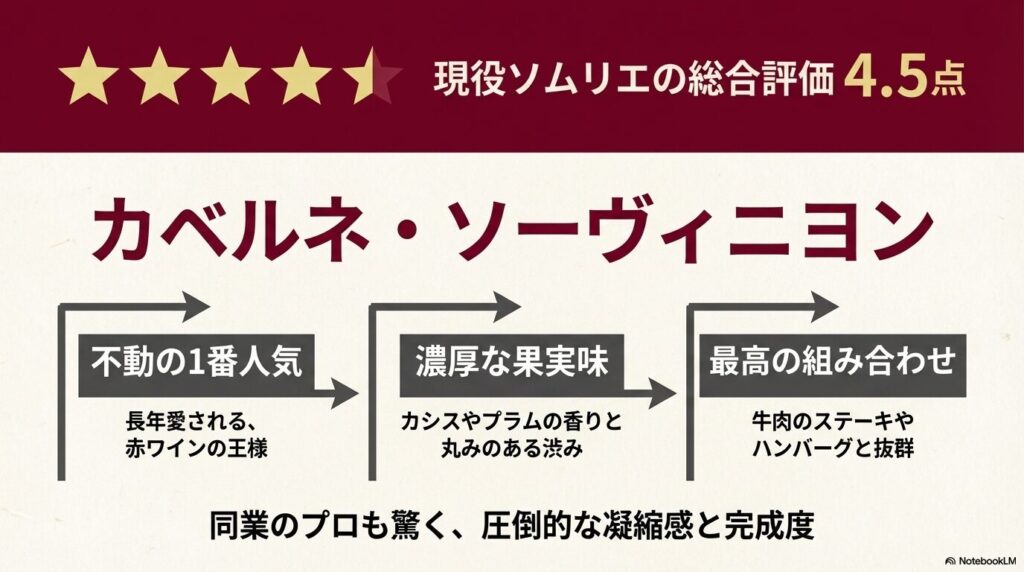 現役ソムリエの総合評価4.5点のカベルネ・ソーヴィニヨン。カシスやプラムの香りと丸みのある渋み