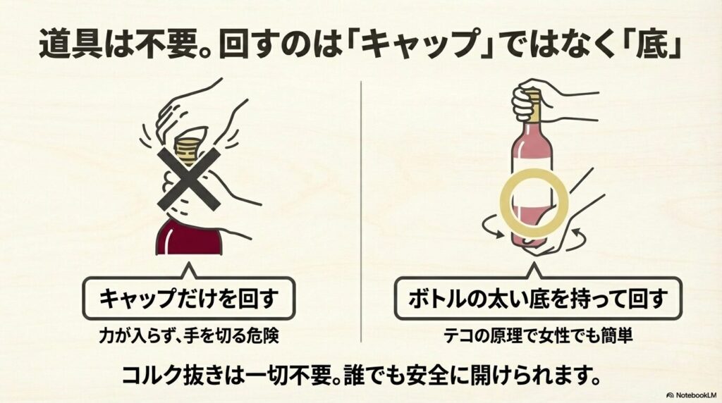 ワインのスクリューキャップの正しい開け方。キャップではなくボトルの太い底を持って回す